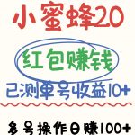 小蜜蜂赚钱项目2.0领红包单号日收益10元以上，多账号操作日赚100+【亲测已收款】-赚网-2025最新网赚项目网，副业网！