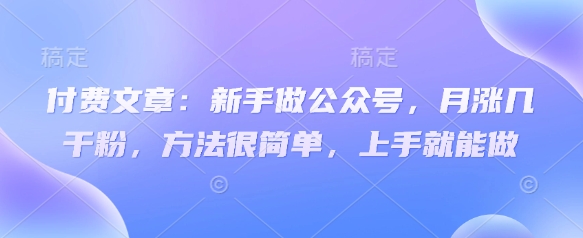 付费文章：新手做公众号，月涨几干粉，方法很简单，上手就能做-赚网-2025最新网赚项目网，副业网！