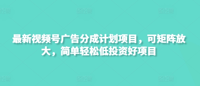 最新视频号广告分成计划项目，可矩阵放大，简单轻松低投资好项目-赚网-2025最新网赚项目网，副业网！